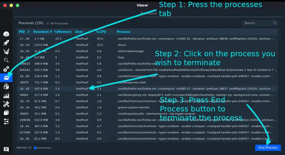 How to terminate a process or app on Linux using stacer