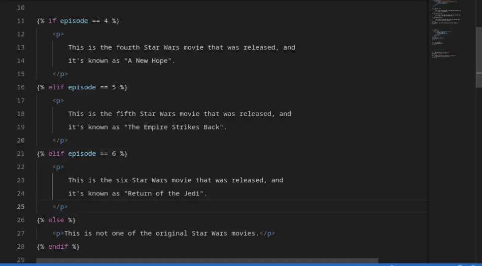 if-elif-else condition in a Django template that checks the episodes of the Star Wars movies and their names